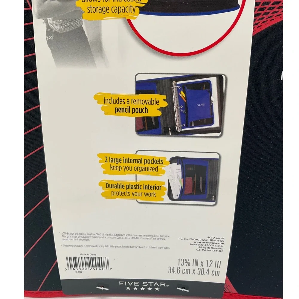 Five Star Xpanz 2 Inch Zipper Binder 380 Sheet Capacity Black Red New